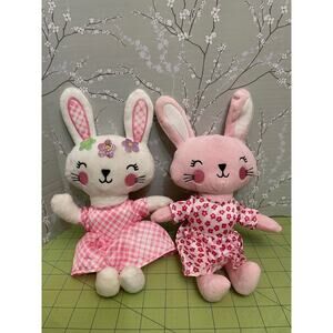 Happy Go Fluffy White & Pink Easter Bunny Rabbit Plush Stuffed Satin 11” Set Lot